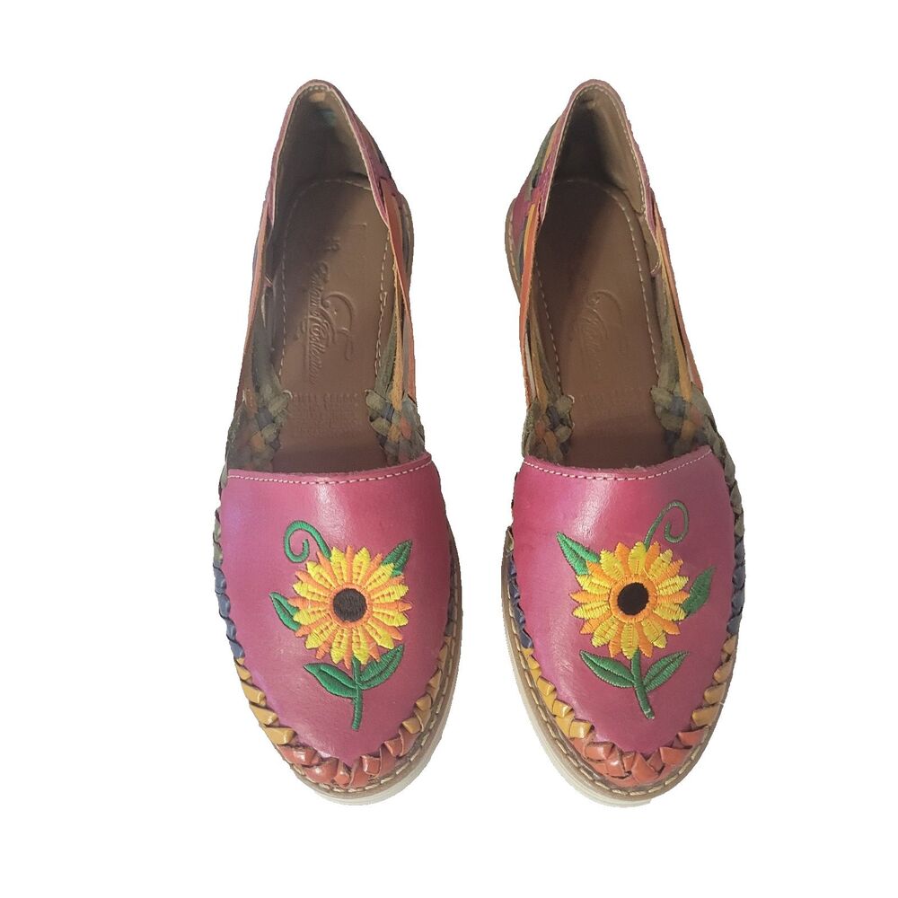 Ertem Mexican leather size 8 huarache flats sandals embroidered sunflower